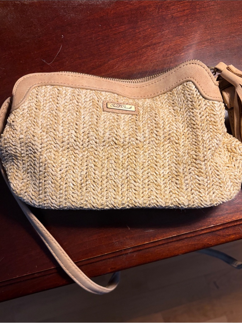 Woven Straw Crossbody Bag with Tassel Trim in Camel